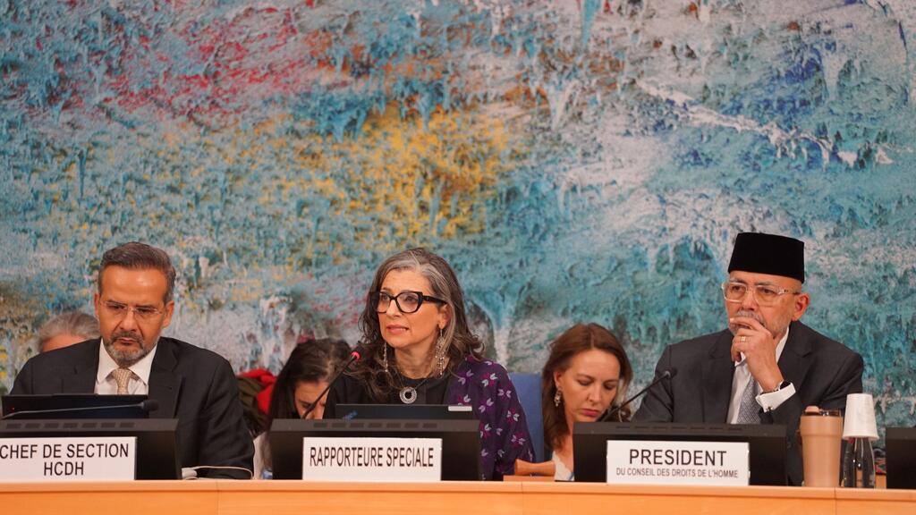 فرانشيسكا ألبانيز المقررة الخاصة للأمم المتحدة المعنية بحالة حقوق الإنسان في الأرض الفلسطينية المحتلة منذ عام 1967، تقدم تقريرها لمجلس حقوق الإنسان التابع للأمم المتحدة في جنيف.